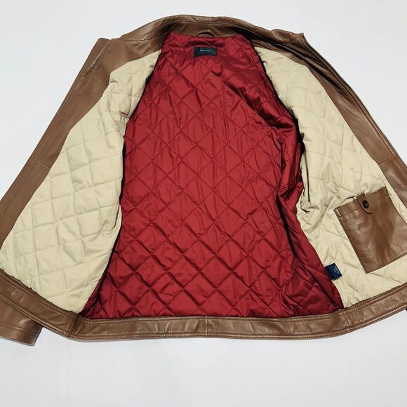 Façonnable Leather Jacket Men's Size XL Brown Quilted Lined Long Sleeve Full Zip - Picture 7 of 9